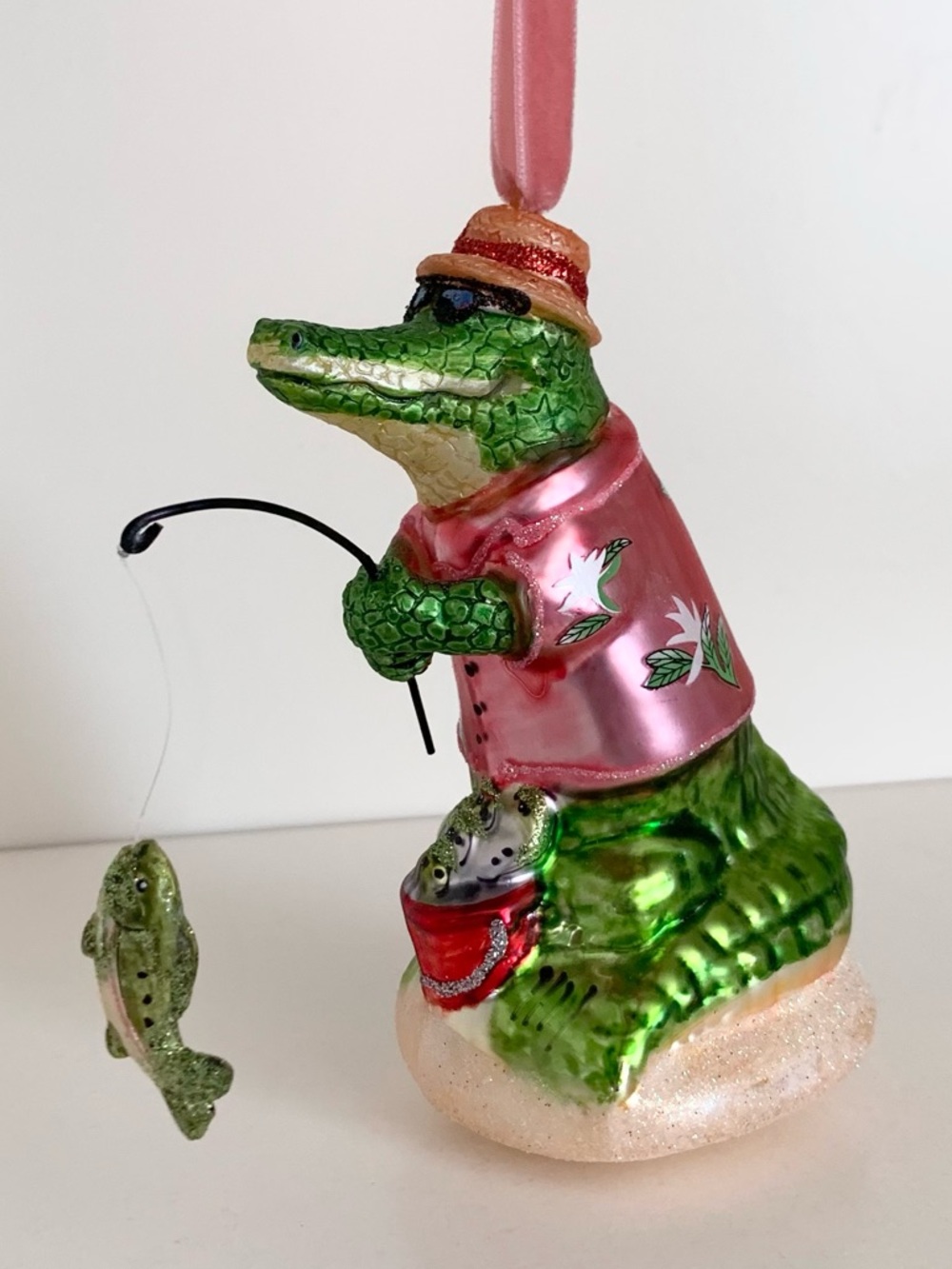 NWOT Fishing Alligator in a pink floral aloha shirt Florida theme Ornament